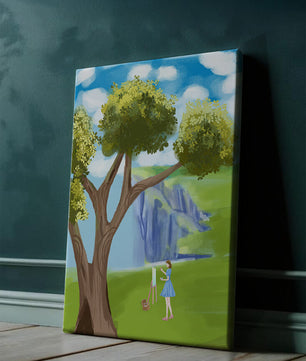 Young woman painting near a tree by a waterfall with a vibrant sky