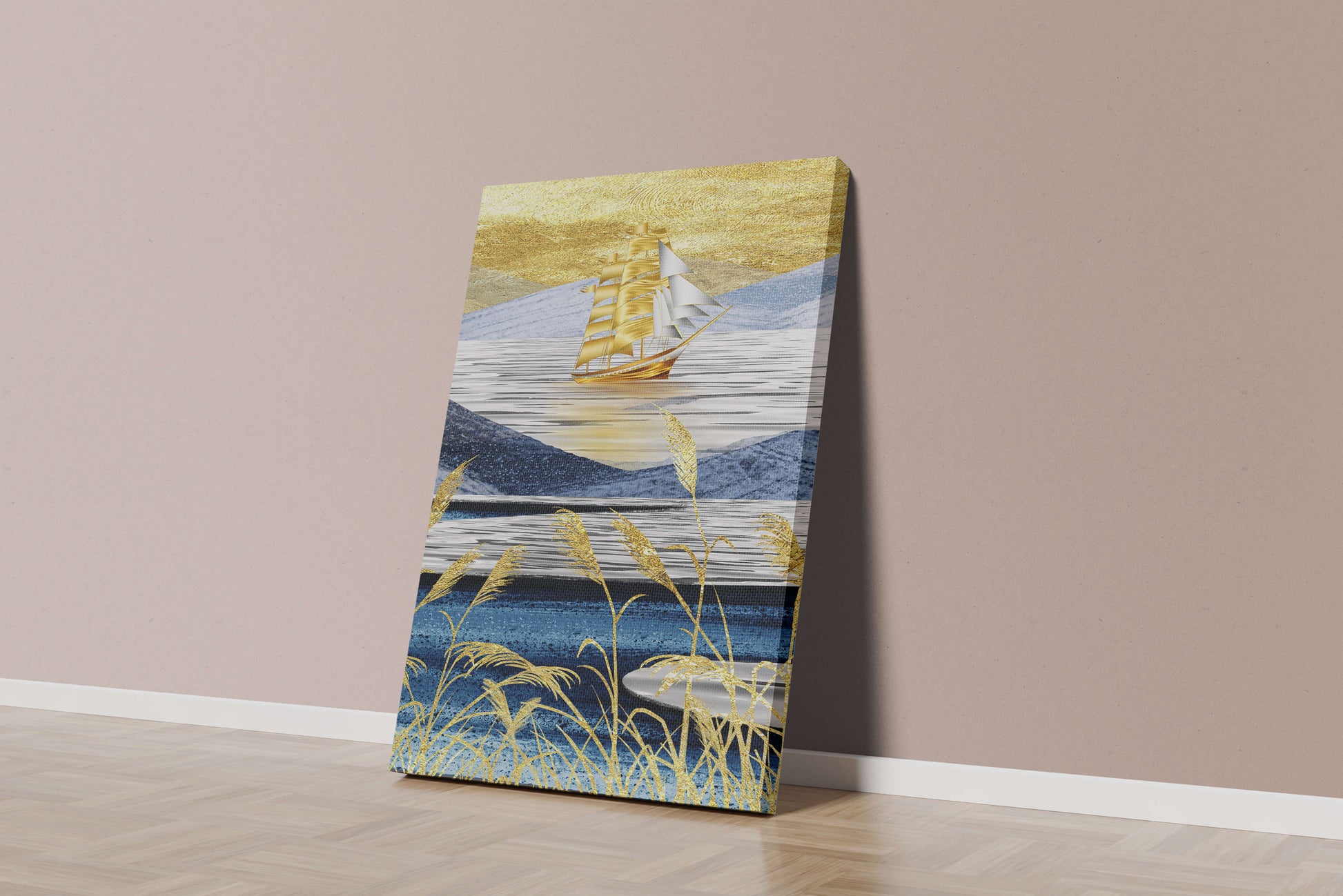 Golden Sailboat on Blue and Gold Landscape