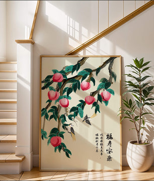 Delicate illustration of peach tree with birds and calligraphy