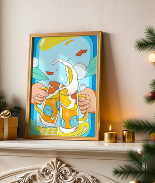 Colorful Illustration of Two Clinking Beer Mugs with Ice Cubes and Citrus Slices