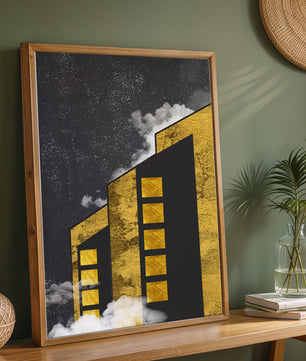 Ilustración arquitectónica artística con elementos dorados y cielo nocturno