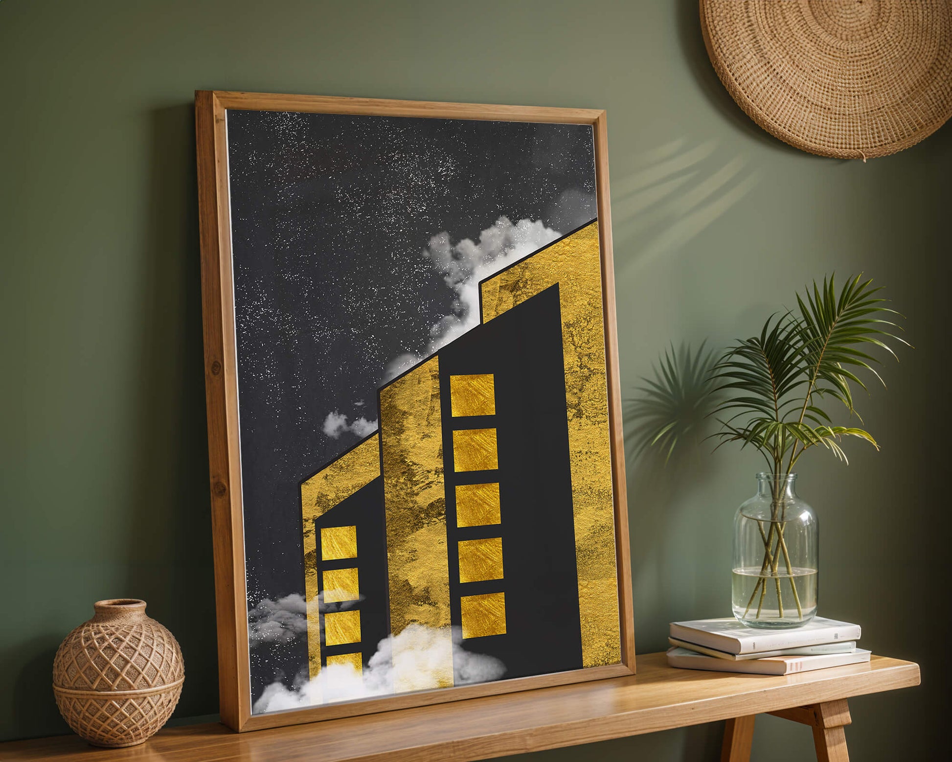Artistic architectural illustration with golden elements and night sky