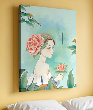 Ilustración de una mujer con una flor y texto que dice "Hola, julio"