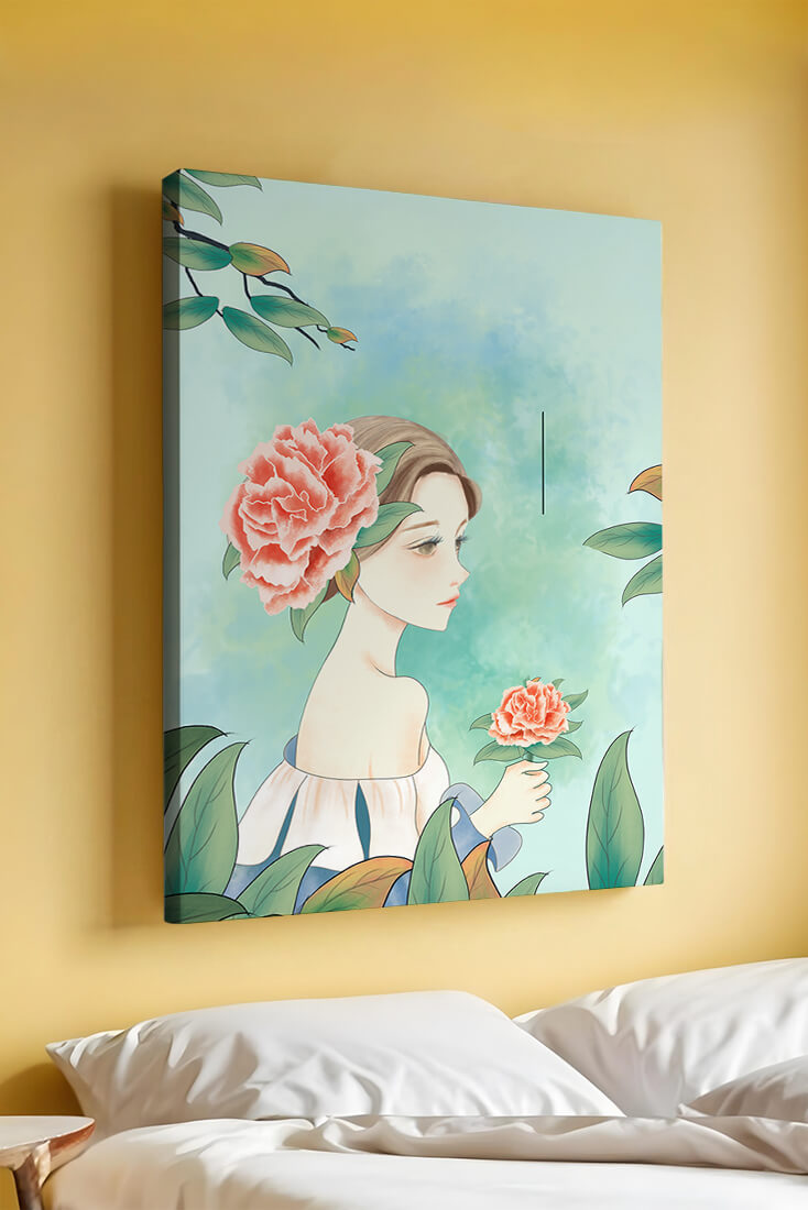 Illustration of a woman with a flower and text saying "Hello, July"