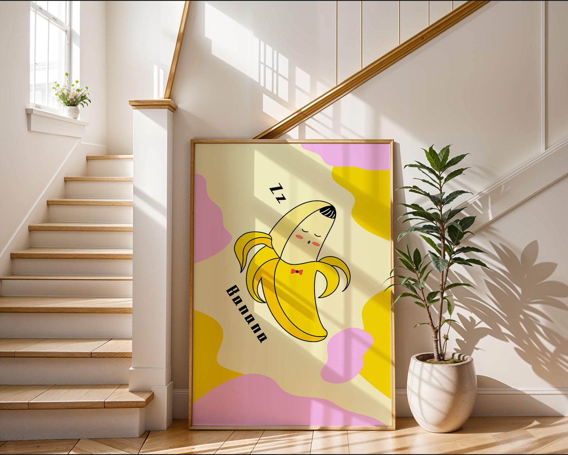 Playful illustration of a sleeping banana with colorful abstract background