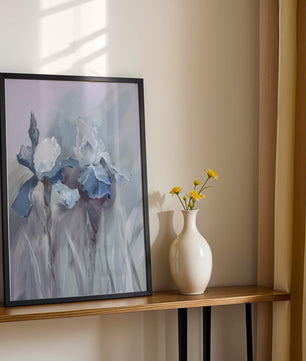 Delicate blue and white floral painting with soft brush strokes