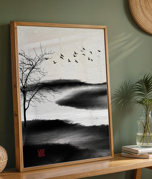 Minimalist Landscape with Silhouetted Tree and Birds