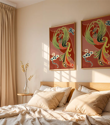 Stylized phoenix illustration with vibrant colors and clouds