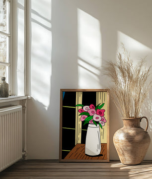 Abstract illustration of flowers in a vase on a wooden table