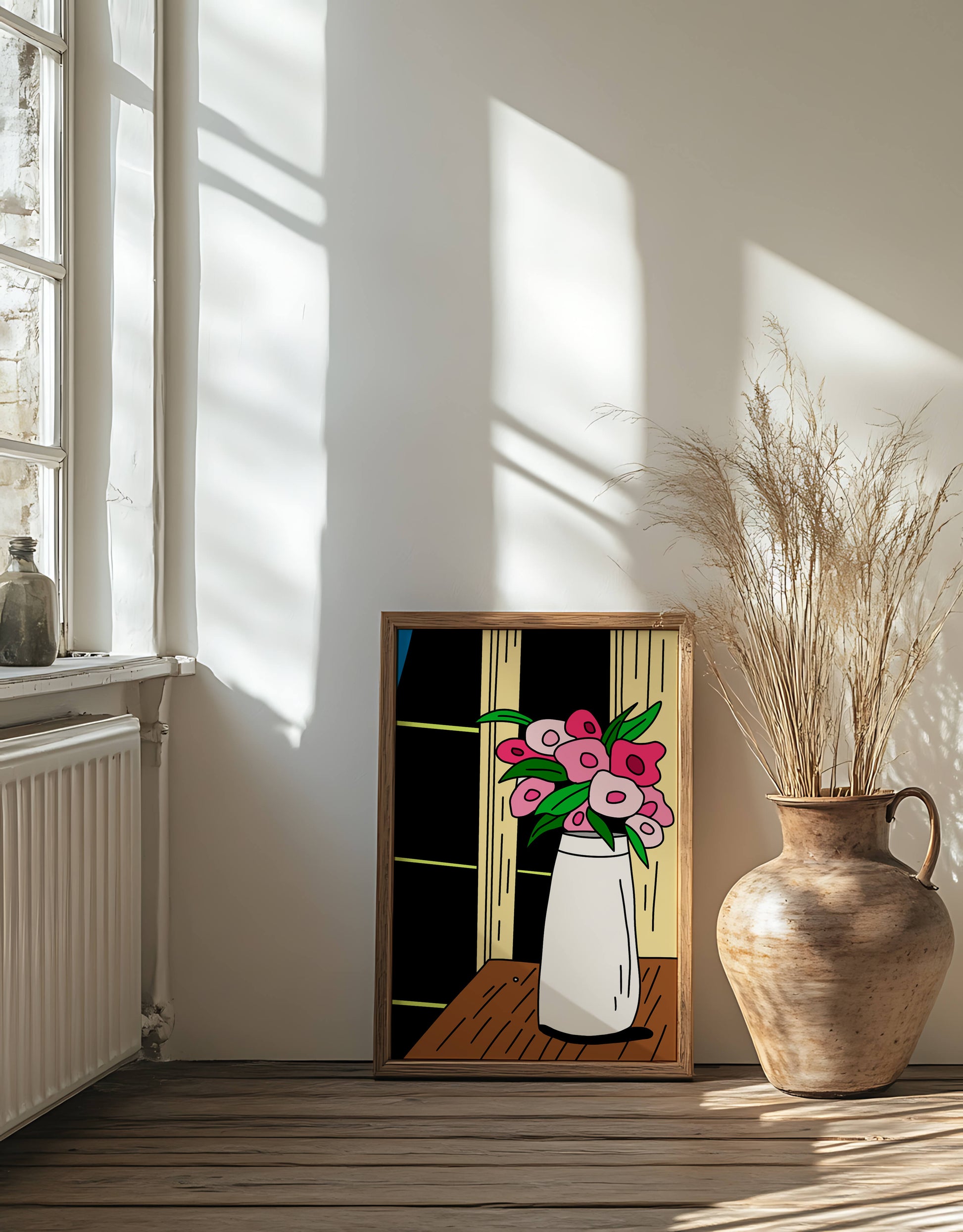 Abstract illustration of flowers in a vase on a wooden table