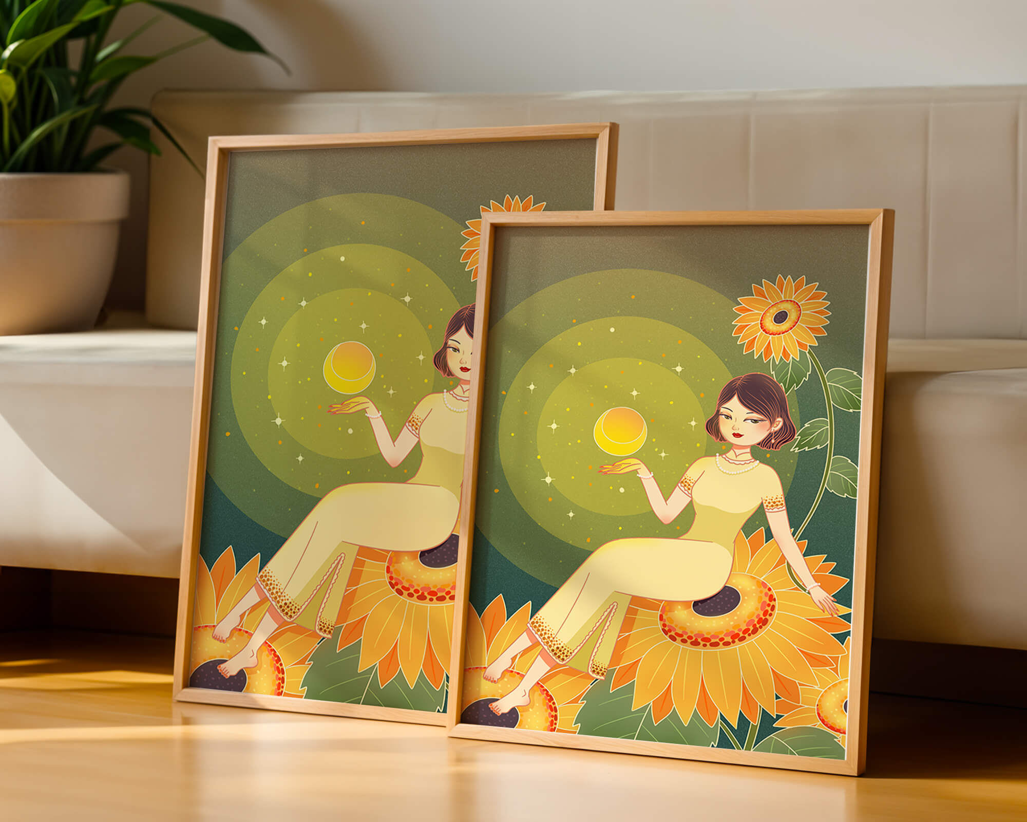 Elegant illustration of a woman on sunflowers with glowing orb