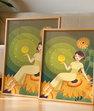 Elegant illustration of a woman on sunflowers with glowing orb