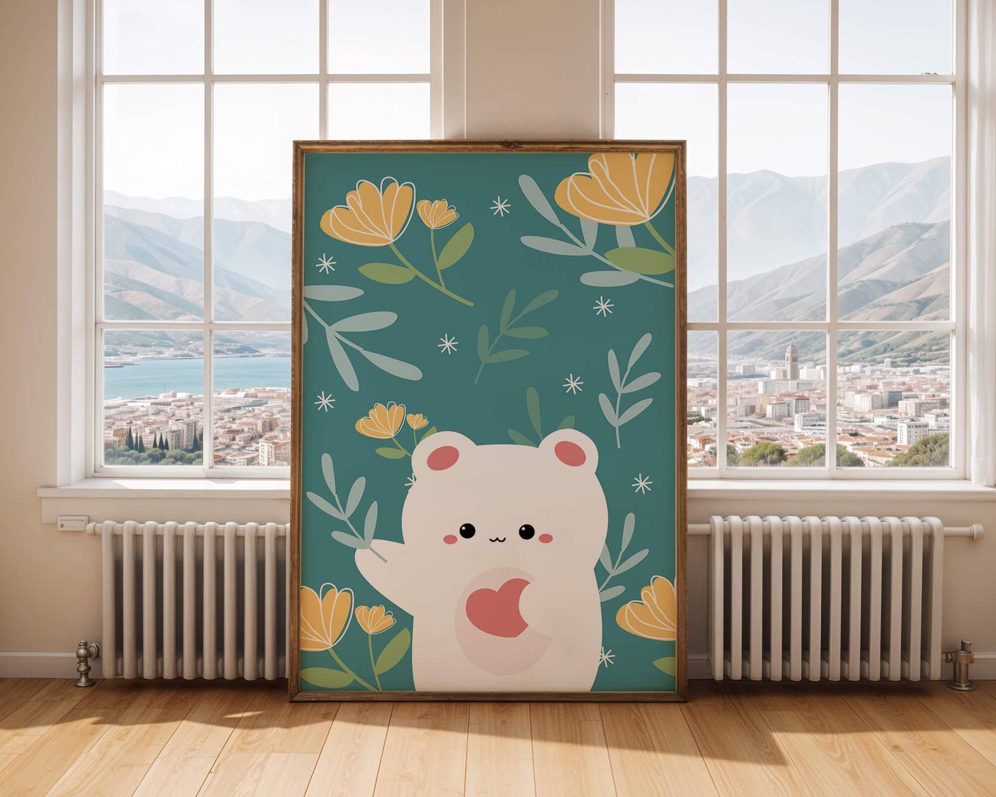 Adorable bear with heart surrounded by whimsical floral elements
