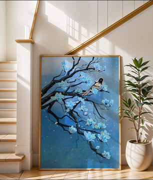 Blue Blossoms on Branch with Bird in Winter Scene