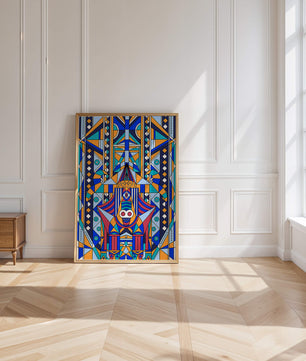 Arte tribal abstracto geométrico con patrones simétricos en azul y naranja