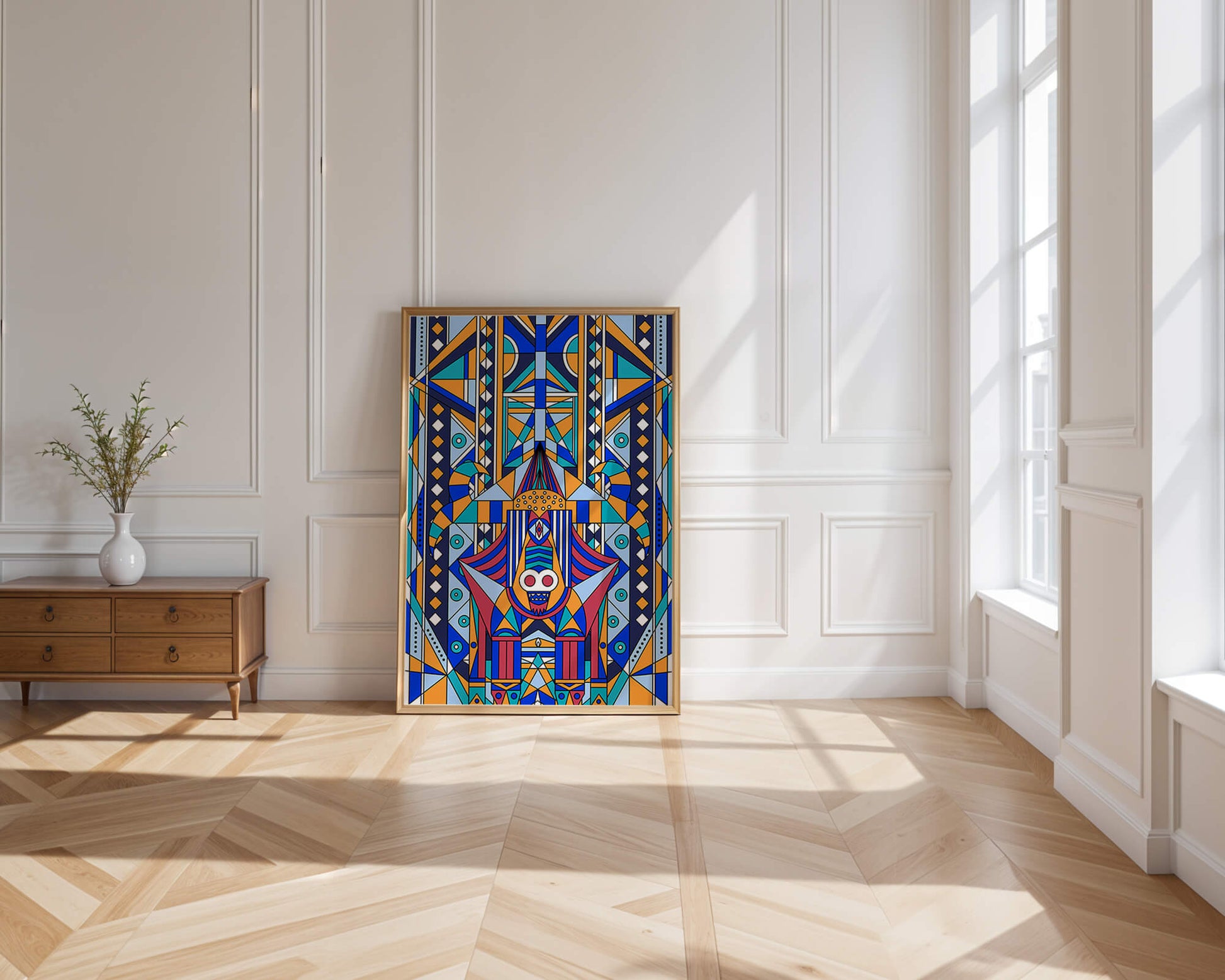 Arte tribal abstracto geométrico con patrones simétricos en azul y naranja