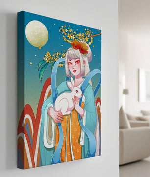 Femme élégante en tenue traditionnelle tenant un lapin blanc sous une pleine lune
