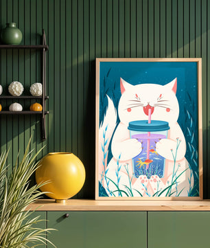 Playful cat with a fish tank tumbler in the underwater scene illustration