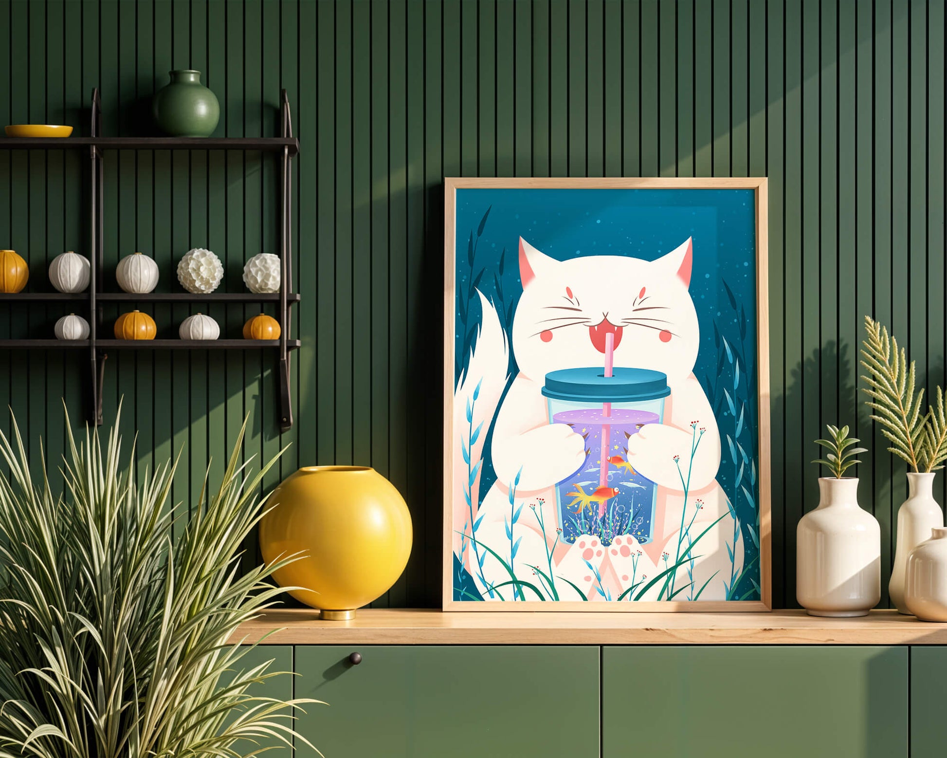 Playful cat with a fish tank tumbler in the underwater scene illustration