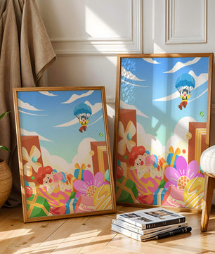 Colorful illustration with presents and children playing under a blue sky
