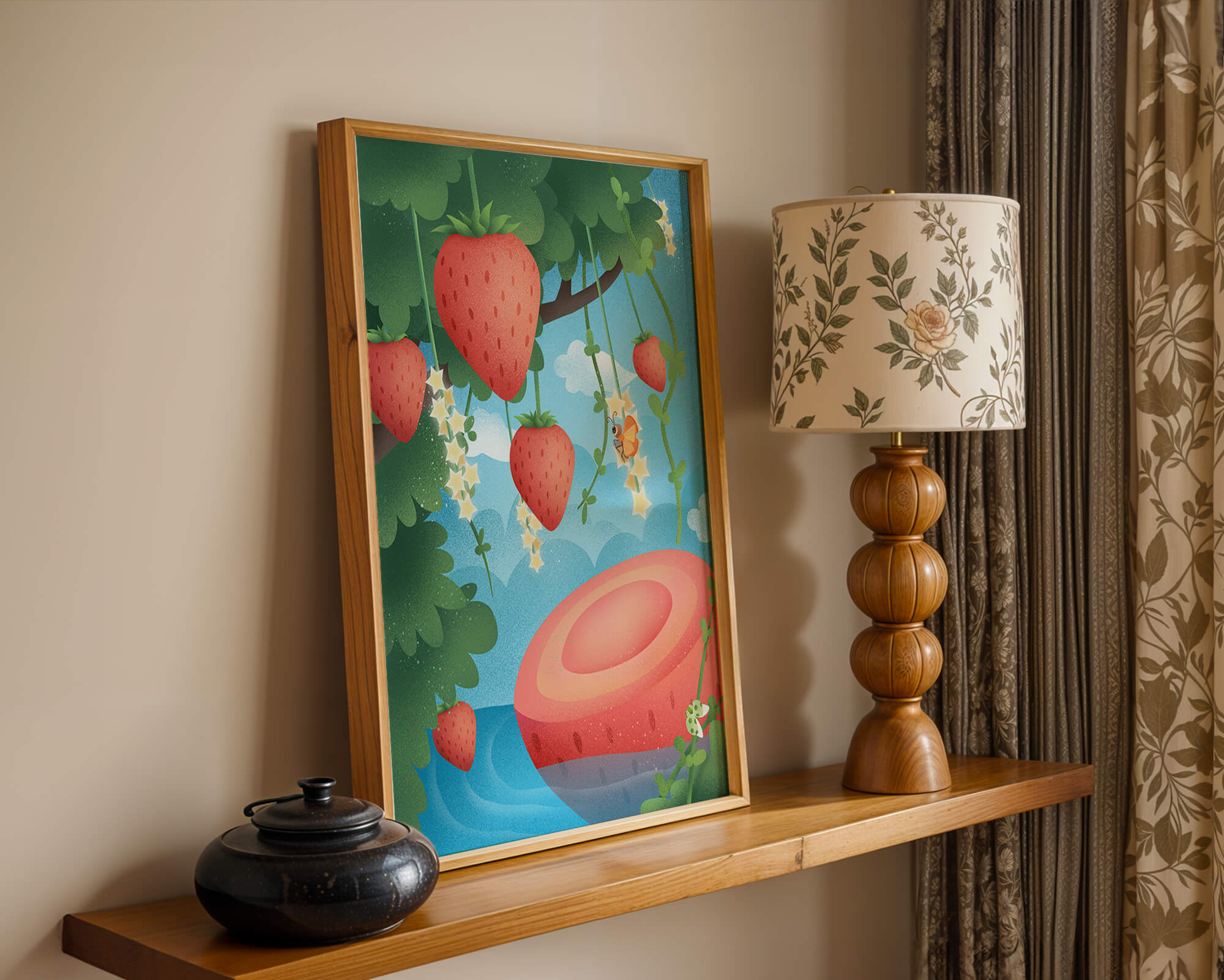 Illustrated strawberries in a whimsical garden setting