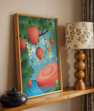 Illustrated strawberries in a whimsical garden setting