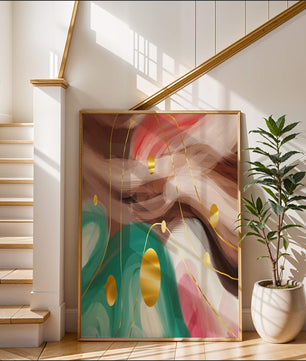 Diseño abstracto de remolinos coloridos con círculos dorados