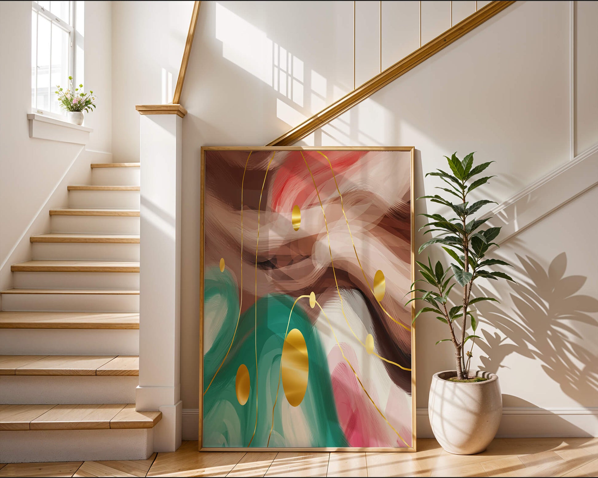 Abstract colorful swirl design with golden circles