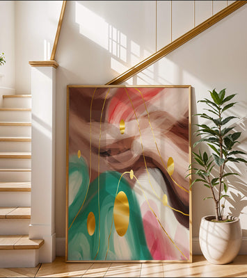 Abstract colorful swirl design with golden circles