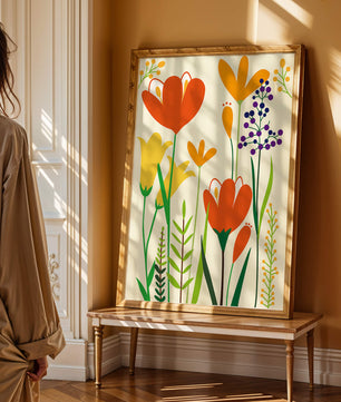 Bright Floral Illustration with Orange, Yellow, and Purple Flowers in Bold Colors