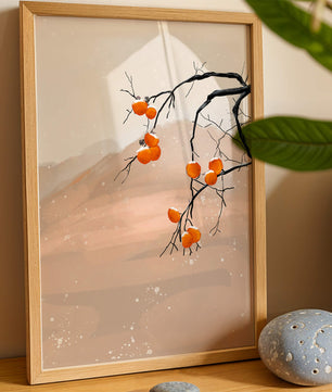 Branch with Persimmons and Snow in Minimalistic Landscape