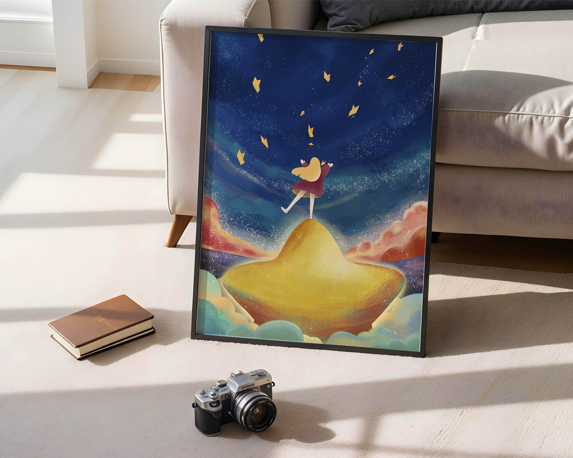 Girl standing on a golden hill reaching for stars in a dreamy night sky
