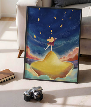 Girl standing on a golden hill reaching for stars in a dreamy night sky