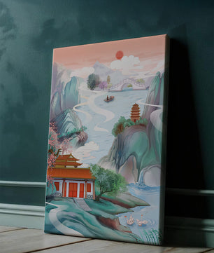 Ruhige Landschaft mit traditioneller asiatischer Architektur und Naturelementen