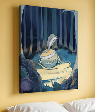 A serene fantasy forest scene with mystical elements at night