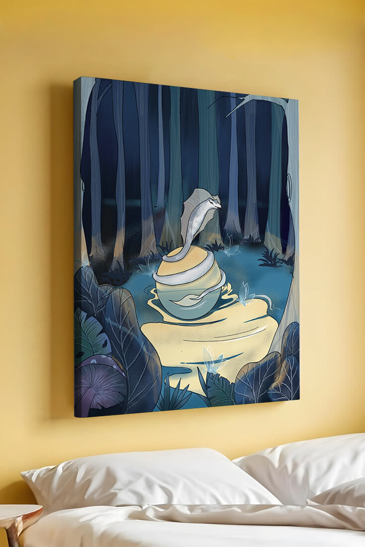 A serene fantasy forest scene with mystical elements at night
