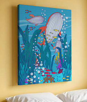 Underwater world illustration with whales and fish amidst seaweed