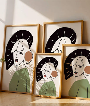 Minimalist Abstract Portrait Featuring Woman with Black Hat and Green Outfit - Mi tienda