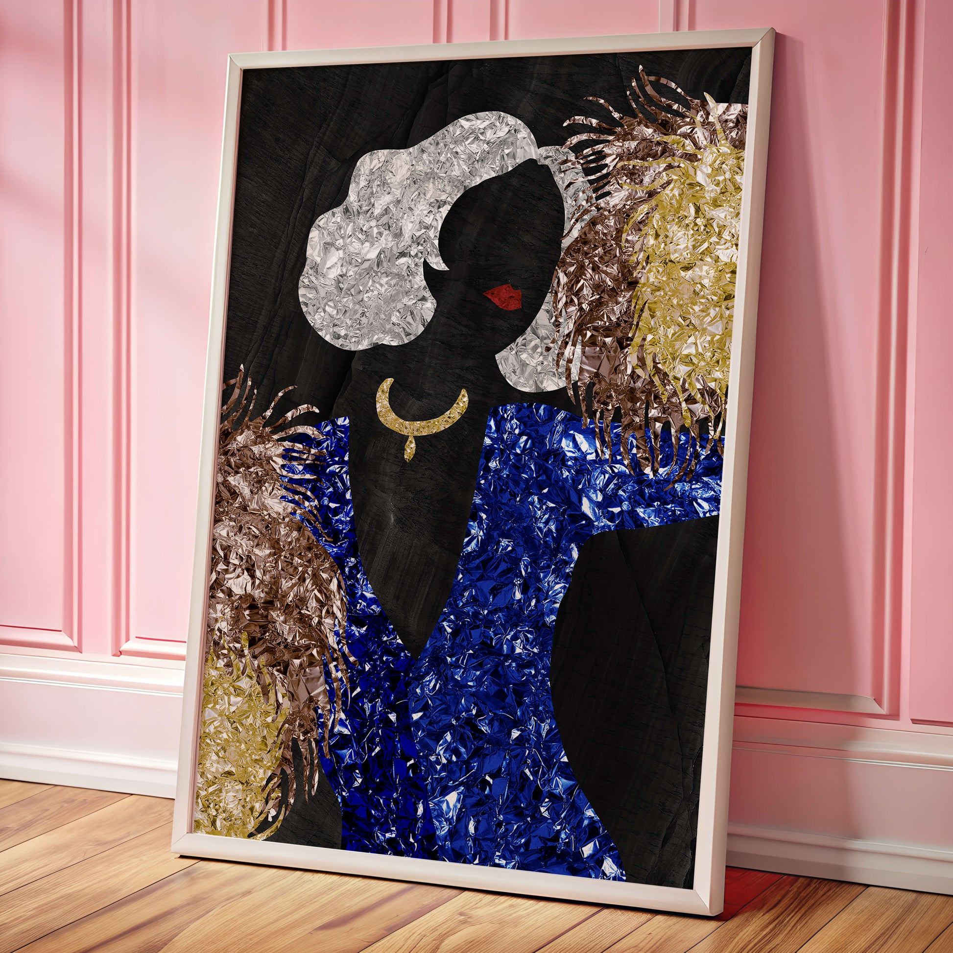 Abstract art with colorful foil textures and silhouette