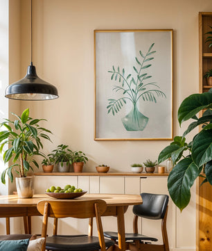 Illustration minimaliste à l’aquarelle de feuilles vertes dans un vase en verre