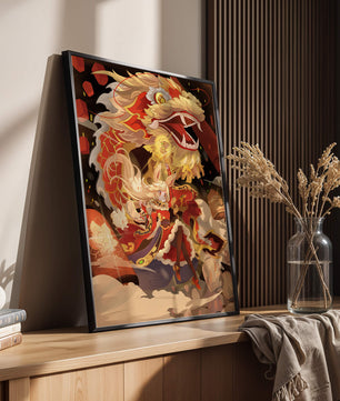 Personnage dynamique avec dragon et lanternes dans une œuvre d'art animée et vibrante