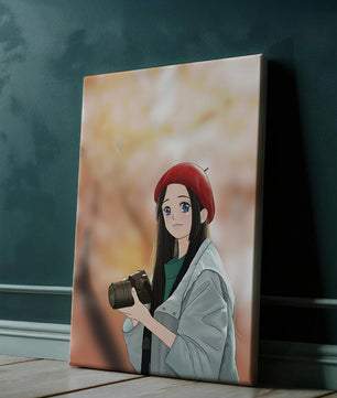 Chica de anime con boina roja sosteniendo una cámara durante el otoño