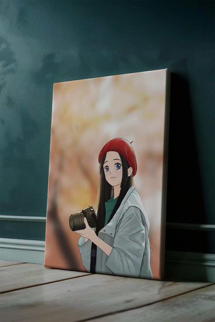Anime girl in red beret holding camera during autumn