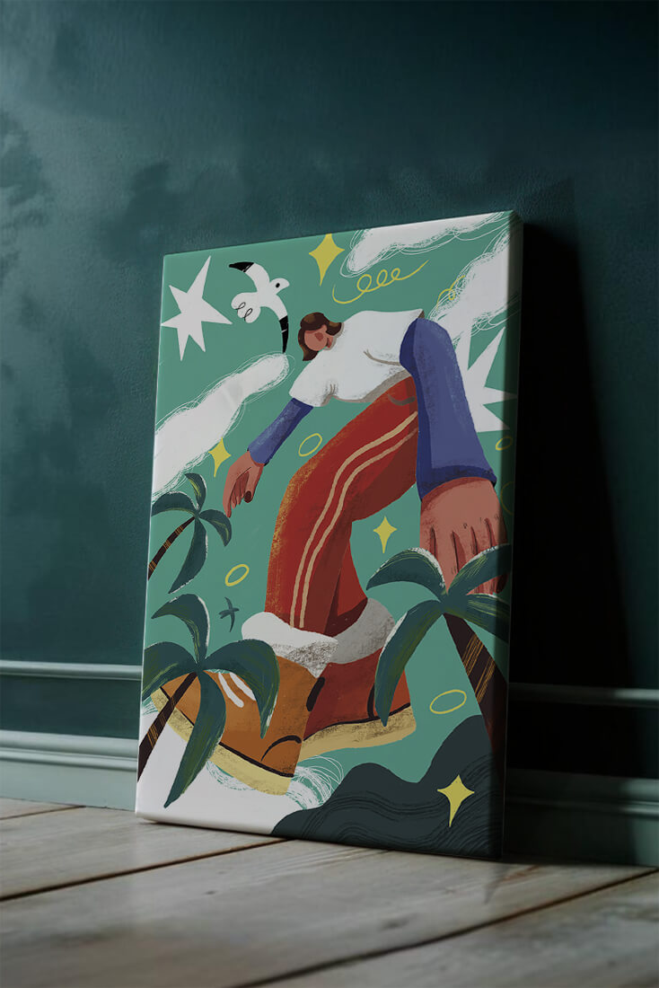 Colorful Abstract Surreal Landscape with Giant Figure and Nature Elements