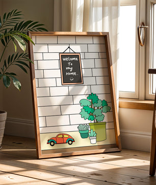 Kreidetafel-Schild mit Topfpflanzen und Spielzeugauto auf Ziegelmauer-Hintergrund