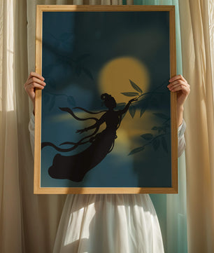 Silhouette of a Woman Reaching for Leaves in Front of a Full Moon