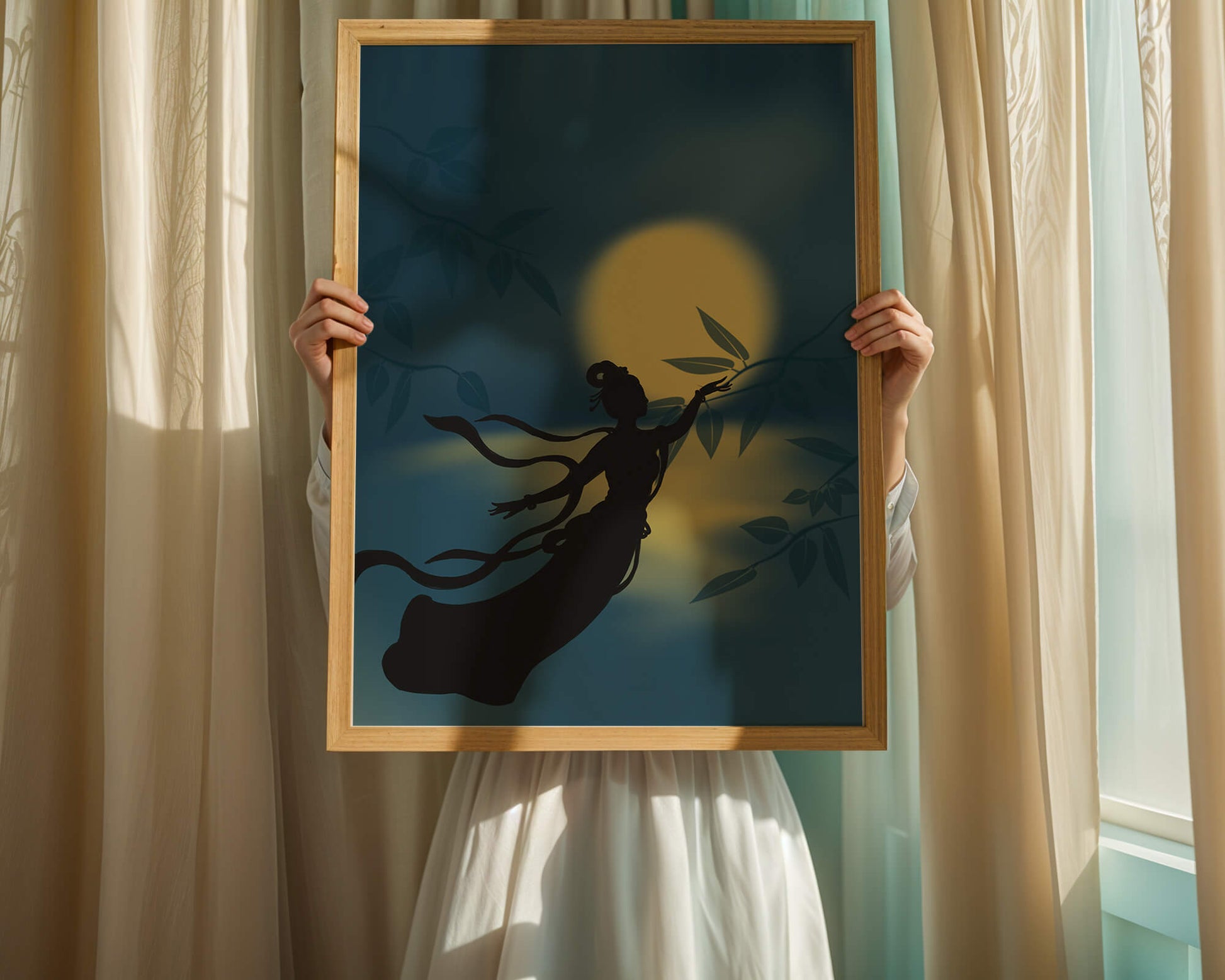 Silhouette of a Woman Reaching for Leaves in Front of a Full Moon