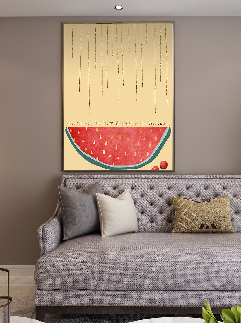 Abstract Watermelon Slice with Gold Accents on Minimalist Background
