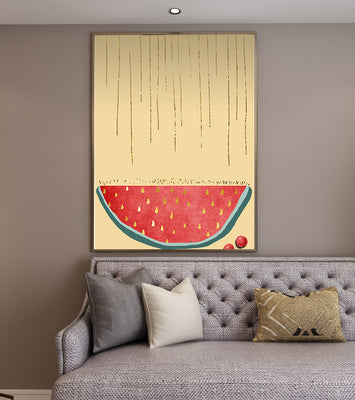 Abstract Watermelon Slice with Gold Accents on Minimalist Background