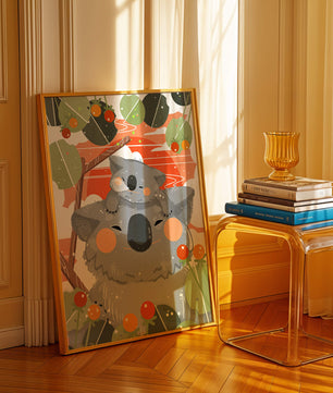 Koalas dans un cadre naturel vibrant aux tons orange et verts